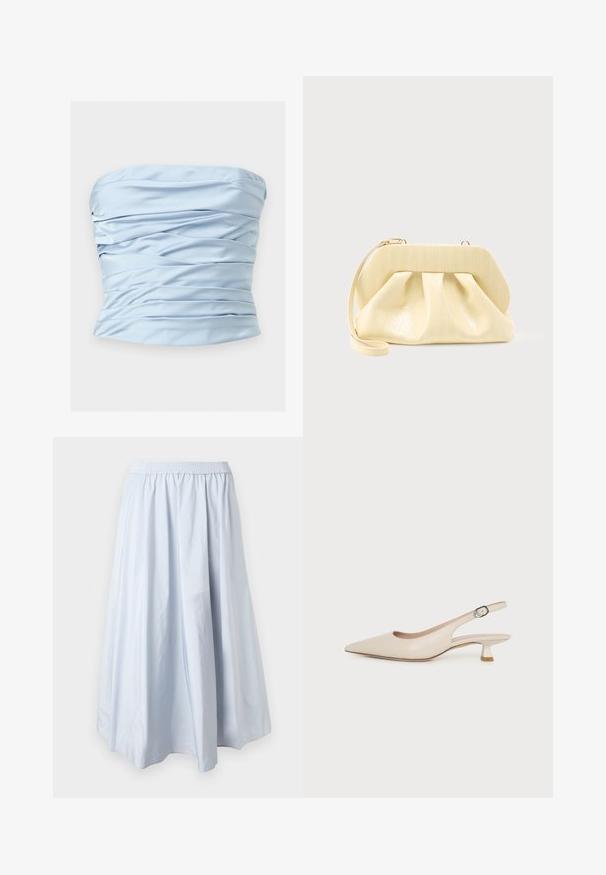 Haut bustier en satin bleu clair avec des plis horizontaux et une texture légèrement froncée sur un fond uni.; Jupe longue fluide bleu clair avec taille élastique et plis doux, présentée sur un fond blanc uni.; Chaussure slingback beige à bout pointu avec un petit talon kitten et une boucle latérale réglable sur fond blanc uni.; Pochette en cuir couleur crème avec un cadre supérieur structuré et une lanière pour poignet, présentée sur un fond clair uni.