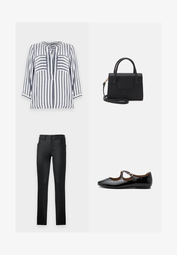 Chemise en lin avec des rayures verticales bleu et blanc, dotée d'un col arrondi, de manches trois-quarts et de deux poches avant.; TOM TAILOR TTLUCIE SKINNY FIT - Jeans Skinny - coated black denim; Chaussure plate Mary Jane en cuir verni noir avec deux découpes et une bride à boucle dorée sur fond blanc.; Sac à main structuré noir en cuir avec une poignée supérieure, une bandoulière détachable et un détail à rabat à l'avant. Accents en matériel doré.