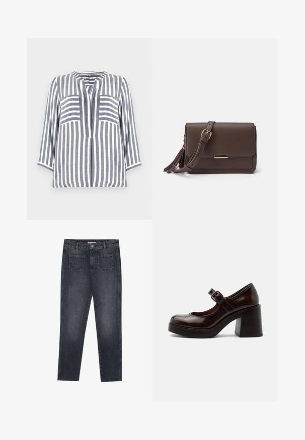 Chemise en lin avec des rayures verticales bleu et blanc, dotée d'un col arrondi, de manches trois-quarts et de deux poches avant.; Jeans en denim gris foncé avec une coupe droite. Comprend deux poches arrière, une fermeture à bouton et des passants de ceinture. Texture légèrement décolorée.; Chaussure Mary Jane en cuir verni marron foncé avec un talon haut épais et une bride ajustable à boucle sur fond gris clair.; Sac bandoulière en simili cuir marron avec un rabat, quincaillerie dorée et détail de frange sur le côté. Bandoulière ajustable pour un port polyvalent.
