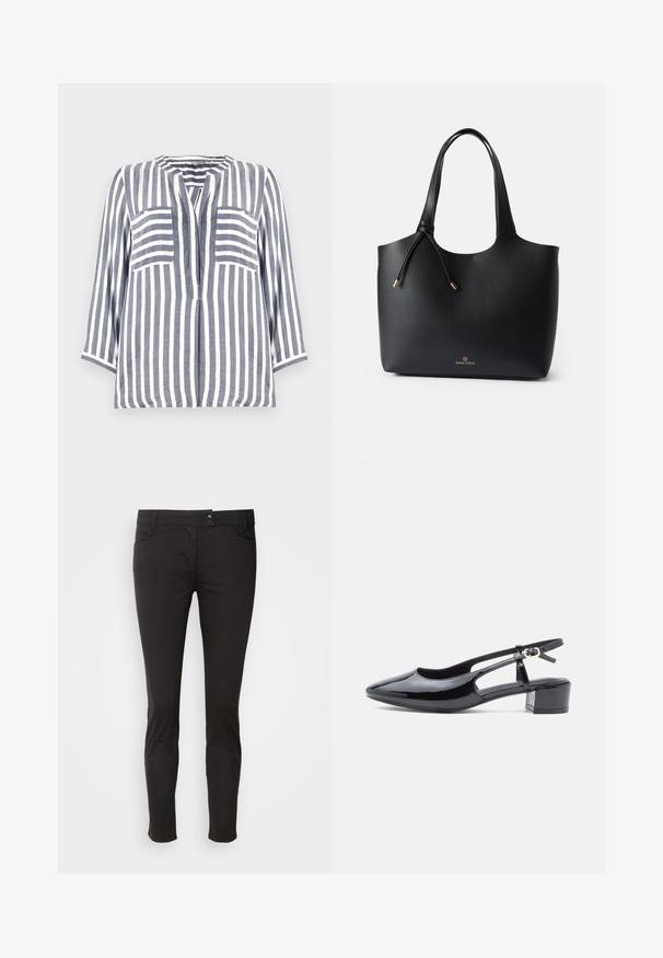 Chemise en lin avec des rayures verticales bleu et blanc, dotée d'un col arrondi, de manches trois-quarts et de deux poches avant.; Pantalons ajustés noirs en mélange de coton extensible. Comprend cinq poches, une fermeture à bouton à l'avant et des jambes légèrement fuselées.; Chaussure slingback en cuir verni noir avec un bout pointu, des côtés découpés et un petit talon block. Équipée d'une bride de cheville avec une boucle.; Sac fourre-tout en cuir noir avec une texture lisse, ouverture sur le dessus, deux poignées, et un logo doré subtil à la base. Caractérisé par une fermeture à cordon.