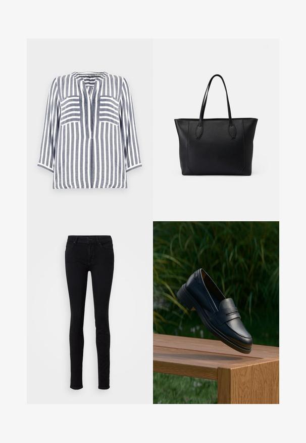 Chemise en lin avec des rayures verticales bleu et blanc, dotée d'un col arrondi, de manches trois-quarts et de deux poches avant.; Jean skinny noir en denim, avec un design classique à cinq poches, fermeture à bouton à l'avant et légèrement extensible pour le confort.; Mocassins en cuir noir à texture lisse, présentant un design cousu et un petit talon, exposés sur une surface en bois avec de la verdure en arrière-plan.; Sac en cuir noir avec deux poignées robustes, présentant une texture lisse, une forme rectangulaire et des détails de couture subtils le long des bords.