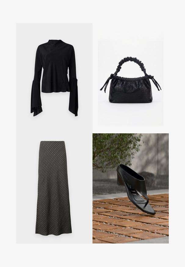 Schwarze Bluse mit langen Ärmeln aus glattem Stoff, mit hohem Ausschnitt und ausgestellt geschnittenen Ärmeln, die am Bündchen eine Raffung aufweisen.; Schwarzer Midirock mit diagonalen weißen Streifen, aus einem glatten Material. Verfügt über ein ausgestelltes Design und eine A-Linien-Silhouette.; Schwarze High-Heeled Sandale mit Zehensteg, schwebend über einer gemusterten Holz- und Kiesaußenfläche mit verschwommenem Grün und Wand im Hintergrund.; Schwarze Handtasche mit Krokodilstruktur, gerafftem oberen Rand, zusammengezogenem Griff und Zugkordeln mit Quasten an jeder Seite vor weißem Hintergrund.