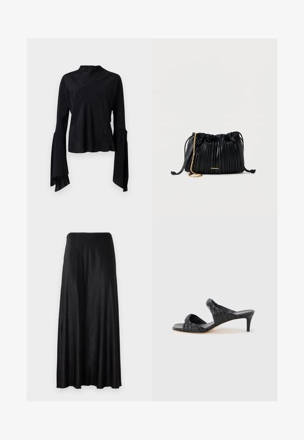 Mustaline mustast blouse, millel on pikad varrukad ja sile kangas, kõrge kaelus ning flared varrukad, mille cuffs'il on kogumiste detail.; Mustast, põrandani ulatuv seelik, mis on valmistatud siledast ja kergest kangast. Omab lihtsat, õmblusteta disaini ja elastset vöökohta.; Mustad nahast sandaalid ruudukujulise varbaga ja kontsaga. Omavad kokkutõmmatud rihmasid ja õhukest kontsa lisakõrguse jaoks.; Mustast nahast volditud kotike, millel on kuldse kettidega õlarihm ja väike horisontaalne kuldne detail esiküljel.