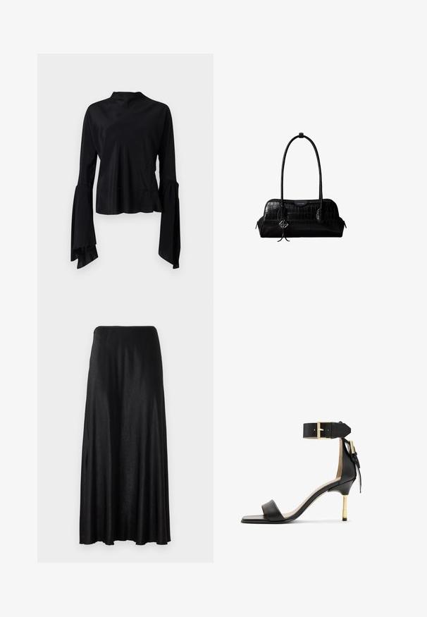 Schwarze Bluse mit langen Ärmeln aus glattem Stoff, mit hohem Ausschnitt und ausgestellt geschnittenen Ärmeln, die am Bündchen eine Raffung aufweisen.; Schwarzer, knöchellanger Rock aus einem glatten, leichten Stoff. Hat ein einfaches, nahtloses Design mit einem elastischen Bund.; Schwarze Leder-Absatzsandale mit quadrater Zehenform, Fesselriemen mit einer goldenen Schnalle und einem schlanken, metallischen Absatz. Glatte Textur, minimalistisches Design.; Schwarze Umhängetasche aus krokodilstrukturiertem Leder mit langen Riemen und einem kleinen silbernen Logocharm an einem Riemen.