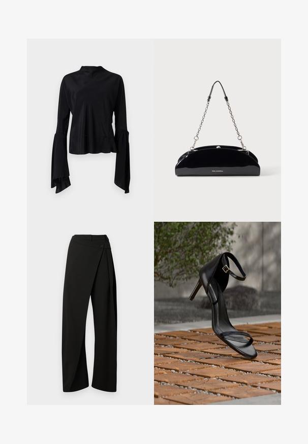 Blusa negra de manga larga hecha de tela suave, con un cuello alto y mangas acampanadas con detalle fruncido en los puños.; Pantalones negros de pierna ancha con un panel envolvente en el frente y un cierre de botón en la cintura, mostrados sobre un fondo blanco.; Sandalia negra de tacón alto con correa en el tobillo, parece suspendida sobre un suelo de baldosas de madera al aire libre, con un fondo difuminado de vegetación y piedra.; Bolso negro brillante con cadena plateada y pequeño logo KARL LAGERFELD en el frente, sobre un fondo liso y claro.