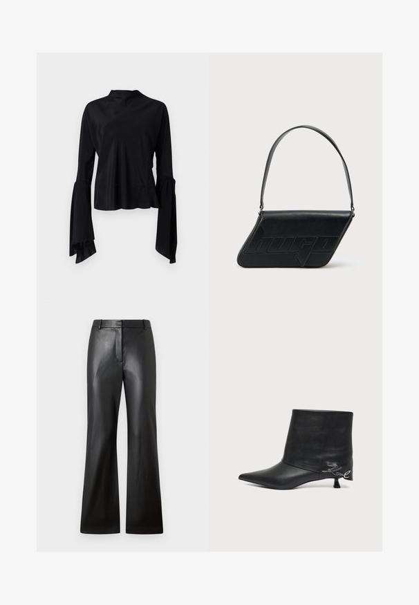 Blusa negra de manga larga hecha de tela suave, con un cuello alto y mangas acampanadas con detalle fruncido en los puños.; Pantalones de cuero negro con una textura suave, diseño de pierna ancha y una cinturilla de altura media que presenta trabillas para cinturón y bolsillos frontales.; Botín negro de piel con puntera puntiaguda, tacón bajo tipo «kitten» y detalle de escritura plateada cerca del talón.; Bolso de hombro de cuero negro con forma triangular, logo en relieve y una sola correa ajustable. Diseño minimalista con textura suave.