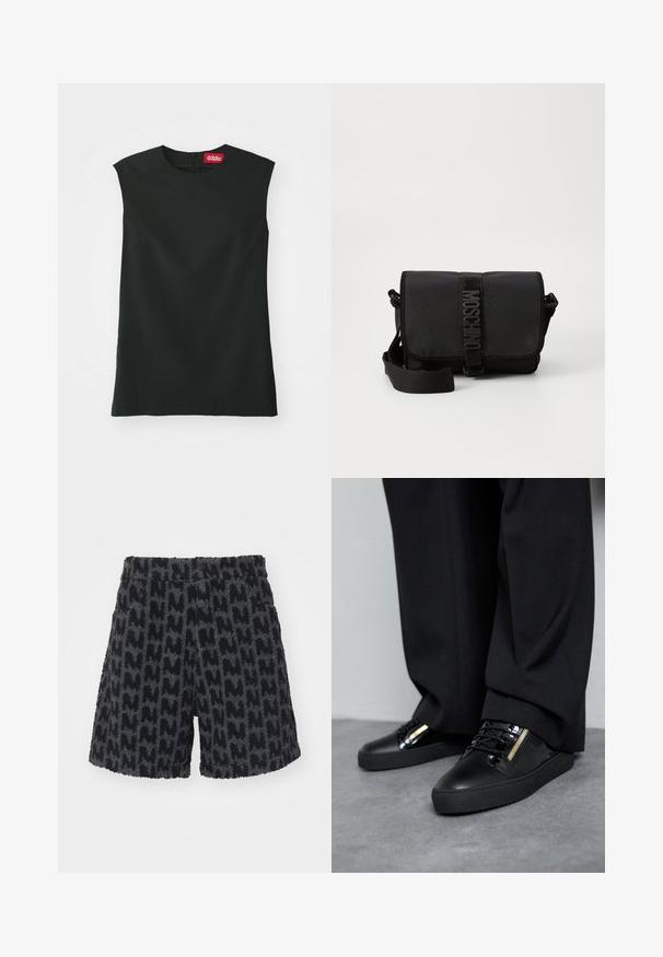Un haut sans manches noir avec un col rond, en tissu lisse, et une fermeture éclair au dos. Il présente une petite étiquette rouge avec le logo "032c" au niveau du cou.; Shorts flous noirs et gris avec un motif texturé évoquant la lettre "M". Ils possèdent une taille avec un bouton et des poches latérales.; Baskets en cuir noir avec des accents brillants, des lacets texturés et un détail de fermeture éclair ; associées à un pantalon sombre et ample sur un sol gris.; Sac bandoulière noir en nylon avec rabat, doté d'une fermeture à bande logo proéminente, d'une bandoulière réglable et de détails de surpiqûres sur les côtés.