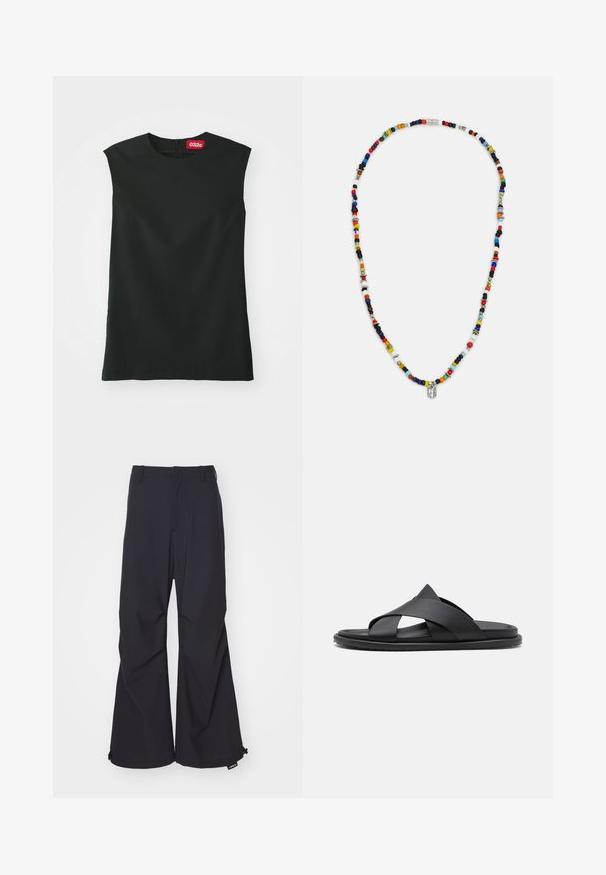 Un haut sans manches noir avec un col rond, en tissu lisse, et une fermeture éclair au dos. Il présente une petite étiquette rouge avec le logo "032c" au niveau du cou.; Pantalons à jambe large bleu marine en tissu lisse, dotés de deux poches avant et d'accents en cordon à l'ourlet. Design épuré et bien taillé sans embellissements.; Stuart Weitzman BERKLEY - Mules - black; Collier de perles colorées présentant différentes formes et tailles, avec des accents métalliques et de petits charms décoratifs. Principalement multicolore.