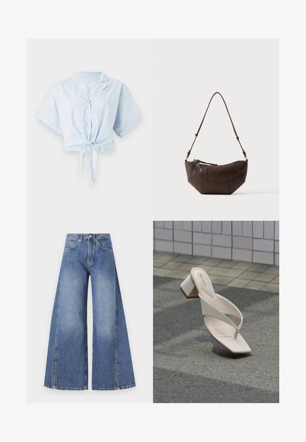 Heledsinine lühikeste varrukatega lühike särk, millel on vertikaalsed valged triibud, krae ja ees sidumisvahend. Valmistatud siledast, kergest kangast.; Heledad denim püksid helesinisest toonist. Valmistatud tekstureeritud puuvillast, millel on kõrge vöökoht, eesmine taskud ja eristuvad külgõmblused.; Beežid kontsaga sandaalid ruudukujulise varbaosaga ja risti rihmadega hallil asfaldil plaatidega seina taustal.; Pruun nahast õlakott kõverdatud põhjaga ja reguleeritava rihmaga ühevärvsel heledal taustal.