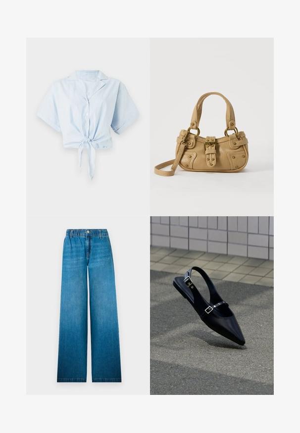 Chemisier court bleu clair avec des rayures verticales blanches, manches courtes, col, et une fermeture à nouer à l'avant. Fabriqué en tissu léger et lisse.; Jean à jambes larges en denim bleu clair, dotés d'une taille élastique, d'une fermeture à bouton et d'un design droit avec un effet décoloré.; Mocassin noir à bout pointu et bride arrière, avec double boucle, posé sur un asphalt gris près d'un mur carrelé en arrière-plan.; Sac à main en cuir beige avec double poignées, boucle en laiton et détails rivetés, ainsi qu'une bandoulière réglable sur fond blanc.