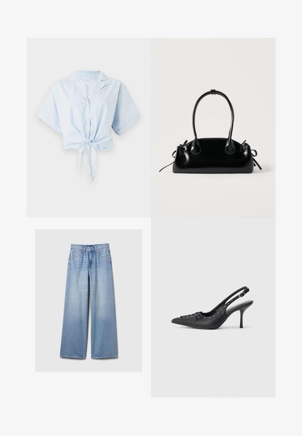 Chemisier court bleu clair avec des rayures verticales blanches, manches courtes, col, et une fermeture à nouer à l'avant. Fabriqué en tissu léger et lisse.; Jeans en denim large de couleur bleu clair avec des poches avant, des passants de ceinture, et une fermeture à bouton et à zipper.; Escarpin en cuir noir à talon aiguille avec un bout pointu, une bride latérale à boucle, des clous le long du bord et un laçage décoratif à l'avant.; Petit sac à main noir brillant avec deux longues anses et des détails à cordon sur les côtés sur un fond clair uni.