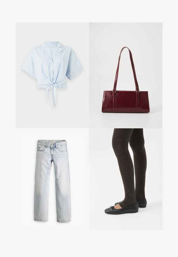 Lysblå cropped skjorte med vertikale hvide striber, korte ærmer, krave og frontbinding. Fremstillet af et glat, let stof.; Lyseblå denimjeans med en afslappet pasform, høj talje og fem-lomme design. Har syning detaljer og knaplukning.; Ben iført mørke ribbede leggings kombineret med sorte balletsko med små sløjfedetaljer på hvid baggrund.; Bordeaux håndtaske lavet af glansfuldt materiale, rektangulær form, med to skulderremme og subtile buede detaljer på forsiden.
