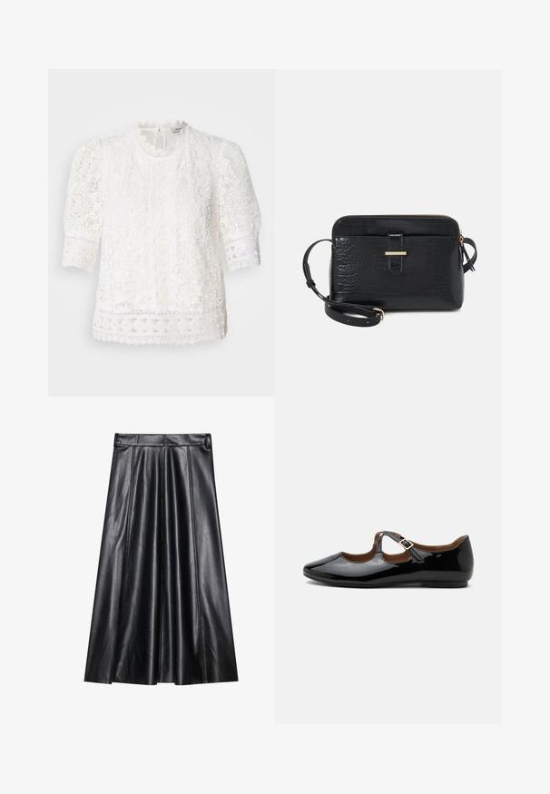 Blouse blanche en dentelle avec un col haut, des manches courtes bouffantes et des motifs floraux complexes agrémentés de dentelle à bords festonnés.; Jupe A-line en cuir noir avec plis, présentant une texture lisse, une taille cintrée et des détails de couture visibles. Aucun accent supplémentaire.; Chaussure plate Mary Jane en cuir verni noir avec deux découpes et une bride à boucle dorée sur fond blanc.; Sac en cuir noir avec motif crocodile et accents en métal doré. Doté d'une fermeture éclair sur le dessus et d'une bandoulière amovible.