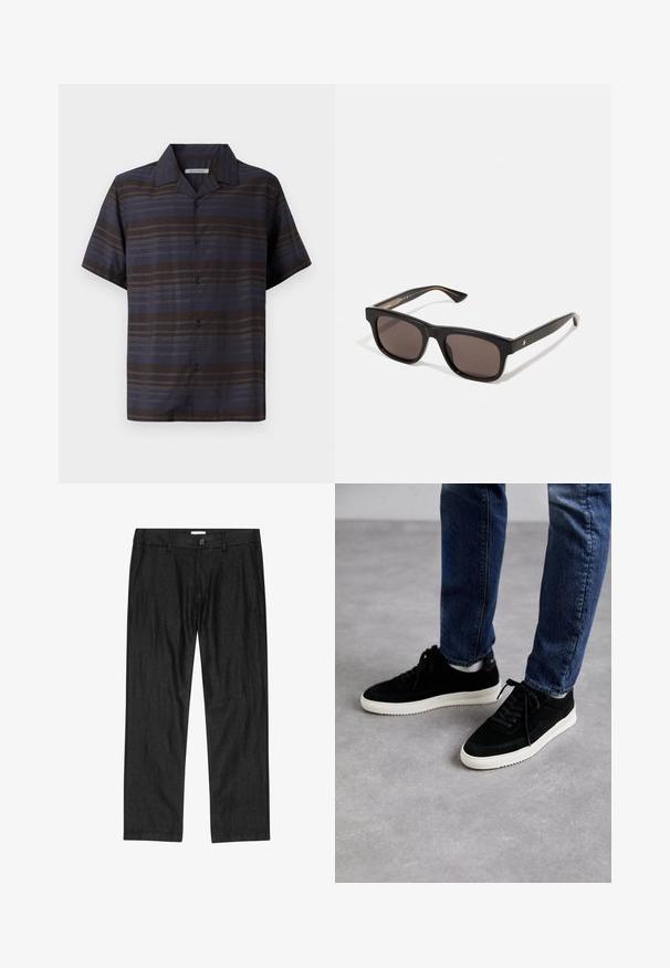 Camisa de manga corta en azul oscuro y marrón con rayas verticales, cierre frontal de botones, cuello puntiagudo y textura de tela suave.; Pantalones negros de corte recto para hombre con botón frontal, bragueta con cremallera y bolsillos laterales, mostrados planos sobre fondo blanco.; Zapatillas de ante negras con suela de goma blanca, que presentan un diseño clásico de corte bajo, puntera redondeada y cordones planos negros.; Gafas de sol rectangulares negras con lentes oscuros. Montura de plástico con textura suave y un sutil detalle de marca en la parte interna de la patilla.