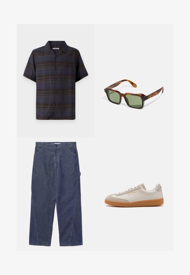 Kortærmet skjorte i mørkeblå og brun med lodrette striber, knaplukning foran, spidse krave og glat stofstruktur.; WOOD WOOD WWWILSON TWISTED SEAM TROUSERS - Bukser - envy green; Hvide og beige lavtoppede sneakers med gummisål, hvide snørebånd, detaljer i ruskind og guld "Paul Smith" logo på siden.; Firkantede solbriller med en skildpaddefarvet stel, grønne linser og tykke arme. Har skarpe hjørner og en blank overflade. Justerbar pasform.