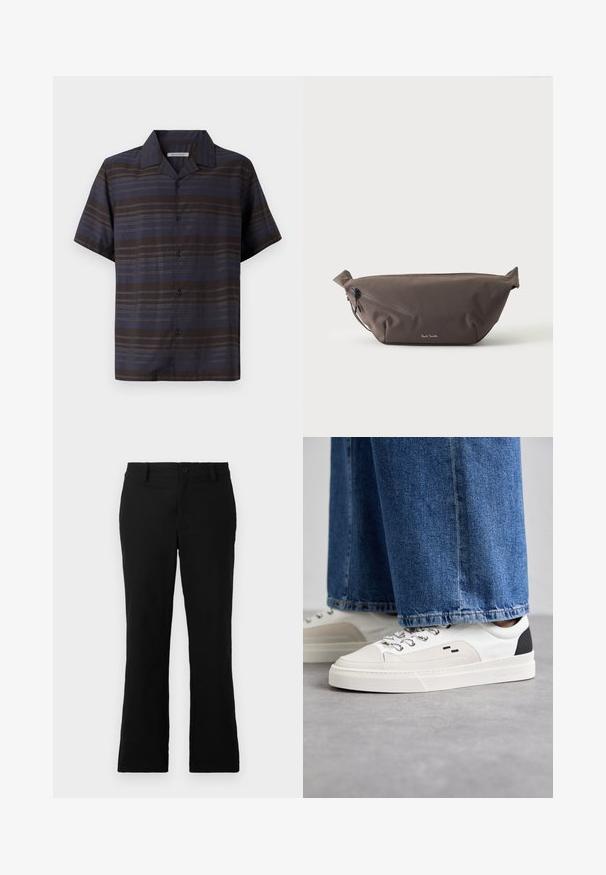 Camisa de manga corta en azul oscuro y marrón con rayas verticales, cierre frontal de botones, cuello puntiagudo y textura de tela suave.; Pantalones de campana negros hechos de una mezcla de algodón, con cierre de botón, trabillas para el cinturón y una textura suave sin patrones visibles.; Zapatillas blancas y negras con una parte superior de cuero suave, acentos texturizados y una suela blanca gruesa. Presenta un diseño clásico de cordones.; Riñonera de tela marrón oscuro con bolsillo diagonal con cremallera y pequeño logo blanco en el frontal, sobre un fondo liso y claro.