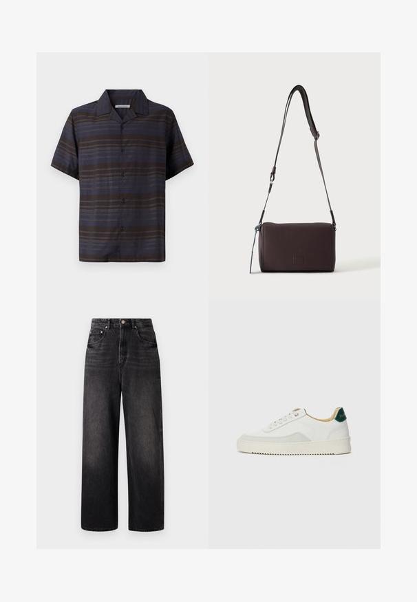 Chemise à manches courtes en bleu foncé et marron avec des rayures verticales, fermée par des boutons sur le devant, col pointu et texture de tissu lisse.; Jeans en denim noir avec une coupe ample, taille haute, cinq poches et une fermeture à bouton visible. Présente un délavage subtil et une coupe droite.; Baskets blanches avec des accents en daim, bout arrondi, lacets plats et semelle en caoutchouc crème. Présente une marque verte sur le talon.; Sac bandoulière en cuir marron foncé texturé avec une sangle réglable et un petit accent décoratif bleu sur le côté.