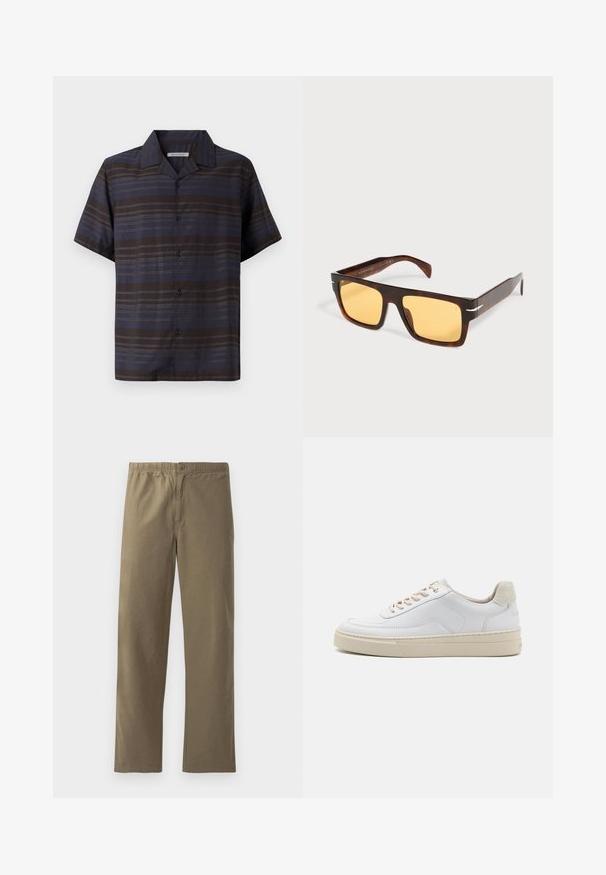 Chemise à manches courtes en bleu foncé et marron avec des rayures verticales, fermée par des boutons sur le devant, col pointu et texture de tissu lisse.; Pantalons kaki en tissu léger. Dotés d'une taille élastique, d'une fermeture à boutons, de jambes droites et d'une texture lisse.; Sneaker blanche avec un dessus en cuir lisse, des lacets beige et un onglet de talon en daim beige texturé. Semelle surélevée pour une hauteur supplémentaire.; Lunettes de soleil rectangulaires en écaille avec de larges montures et des verres teintés jaunes sur fond blanc.