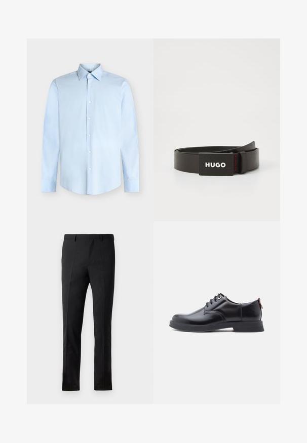 Camisa de vestir de hombre azul claro de manga larga con cierre de botones en la parte delantera y cuello puntiagudo, mostrada sobre un fondo blanco.; Pantalones negros con un corte ajustado, que presentan un frente plano, dos pliegues, pasadores para cinturón y una textura suave. Sin patrones ni accesorios visibles.; Zapatos de piel negra con cordones, textura lisa, puntera redondeada y detalles sutiles de costura. Cuentan con una lengüeta roja en el talón.; Cinturón de cuero negro con una hebilla texturizada en blanco y negro que presenta el logo "HUGO" y un detalle en rojo.