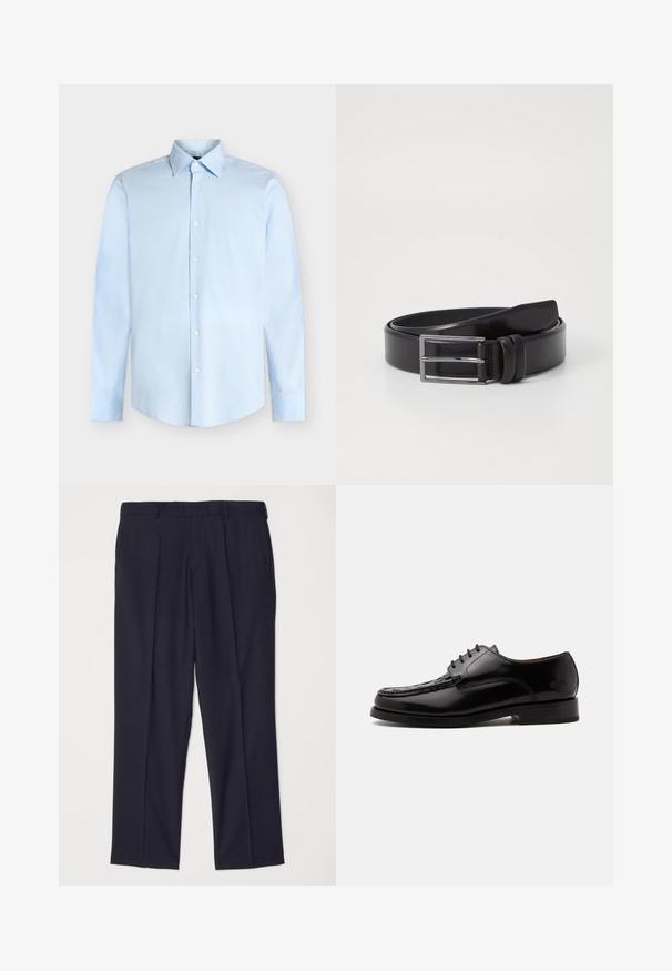 Hellblaues Herrenhemd mit langen Ärmeln, Knopfleiste vorne und spitzem Kragen, vor weißem Hintergrund dargestellt.; Paul Smith TROUSER - Anzughose - dark blue; Schwarzer glänzender Lederschuh mit Schnürung vorne, mit Ziernähten an der Spitze und niedrigem gestapeltem Absatz auf weißem Hintergrund.; Schwarzer Leder-Gürtel mit glatter Textur, ausgestattet mit einer silbernen rechteckigen Schnalle und doppeltem Zinken-Detail. Klassisches und vielseitiges Design.