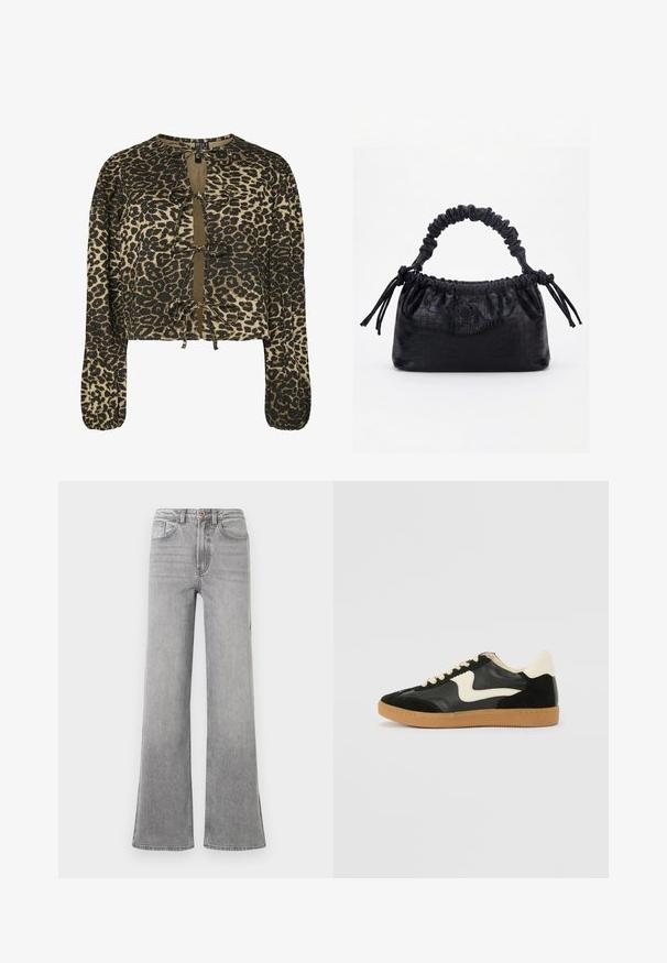Hemdchen in Leopardenmuster mit langen Ärmeln, mit Bindebändern am Ausschnitt und Saum. Das Material ist ein strukturierter Stoff mit weichem Finish.; Graue Denim-bootcut-Jeans mit hoher Taille, Fronttaschen, Gürtelschlaufen und einem subtilen, verblassten Design, präsentiert vor einem weißen Hintergrund.; Schwarze Wildleder- und Leder-Sneaker mit einem cremefarbenen Seiten-Swoosh und einer hellcremefarbenen Ferse. Ausgestattet mit beige Schnürsenkeln und einer Gummilaufsohle.; Schwarze Handtasche mit Krokodilstruktur, gerafftem oberen Rand, zusammengezogenem Griff und Zugkordeln mit Quasten an jeder Seite vor weißem Hintergrund.