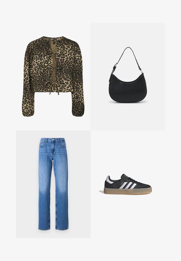 Blusa corta de estampado de leopardo con mangas largas, que presenta lazos en el escote y el dobladillo. El material es una tela texturizada con un acabado suave.; Vaqueros de mezclilla azul claro con una cintura alta, diseño de pierna recta y áreas desteñidas. Cuenta con bolsillos frontales estándar y cierre de botón.; Zapatilla deportiva de cuero negro con tres rayas plateadas, punta texturizada y suela de goma. Cuenta con un collar acolchado y un diseño con cordones.; Bolso hobo negro hecho de cuero suave con una silueta curva, que cuenta con una sola correa ajustable y detalles de diseño minimalistas.