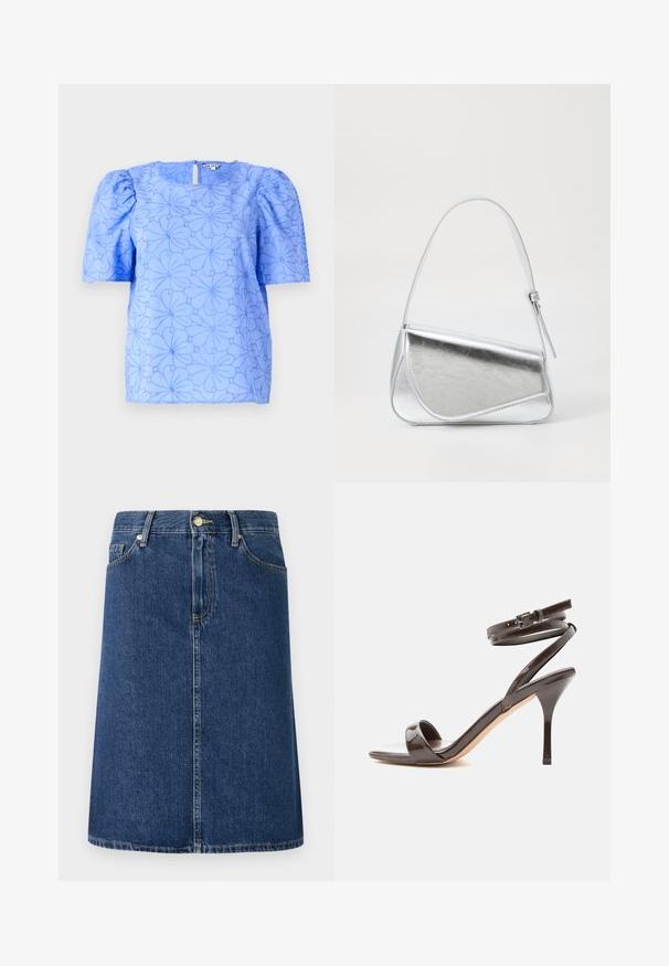 Blouse bleu clair à manches bouffantes, motif floral texturé et décolleté carré ; présente une ouverture en forme de clé à l'arrière.; Jupe en denim bleu foncé, présentant une coupe droite, une fermeture à boutons sur le devant, un design à cinq poches et des détails de couture discrets le long de l'ourlet.; Sandale à talon haut en cuir verni marron foncé avec une fine bride autour de la cheville et un bout ouvert sur fond blanc.; Sac à main en métal argenté de forme triangulaire, texture lisse et fine bandoulière réglable. Présente un design rabat avec couture.