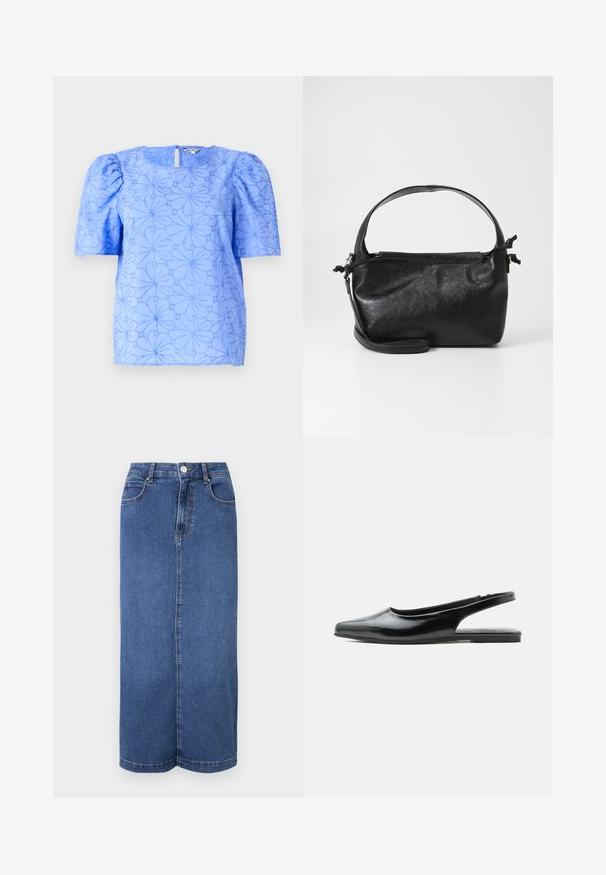 Blouse bleu clair à manches bouffantes, motif floral texturé et décolleté carré ; présente une ouverture en forme de clé à l'arrière.; Jupe maxi en denim bleu foncé, avec une coupe droite, une taille avec une fermeture à bouton et des détails de couture minimalistes.; Chaussure plate à bride arrière en cuir verni noir avec bout pointu et petit talon sur fond blanc.; Sac à main en cuir noir au design structuré, avec une poignée arrondie et une bandoulière amovible. Présente une texture lisse et un éclat subtil.
