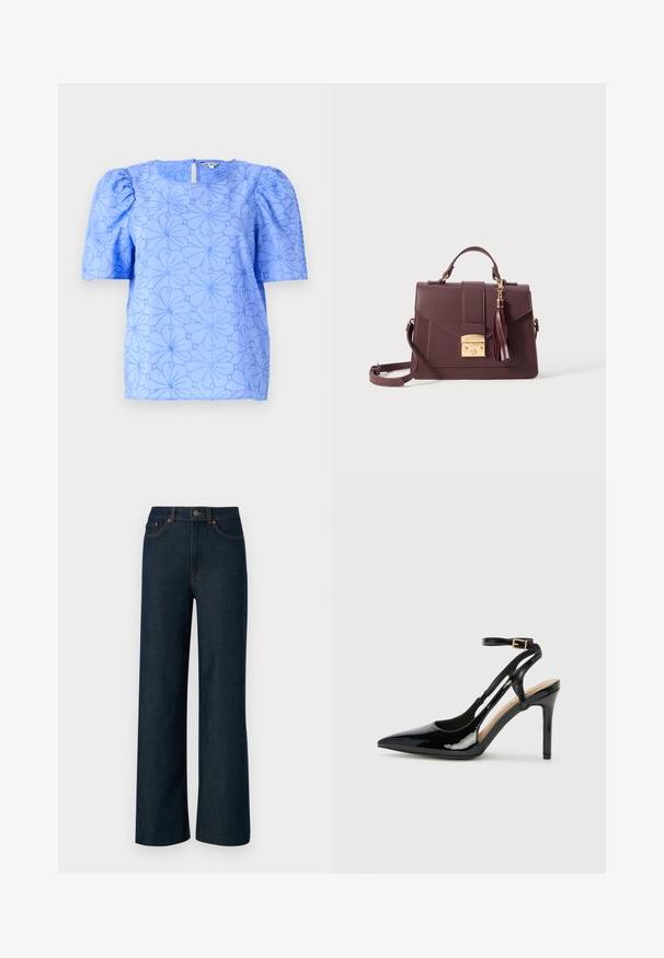 Blouse bleu clair à manches bouffantes, motif floral texturé et décolleté carré ; présente une ouverture en forme de clé à l'arrière.; Jean en denim bleu foncé à jambes larges avec des coutures orange contrastantes, cinq poches et une fermeture à bouton. Tissu lisse et texturé.; Escarpin en cuir verni noir à talon haut, avec un bout pointu, une bride réglable à la cheville et des côtés ouverts. Texture lisse.; Sac à main structuré bordeaux en simili cuir. Il dispose d'un fermoir en métal doré, d'une bandoulière détachable et d'un accent en forme de pompon.