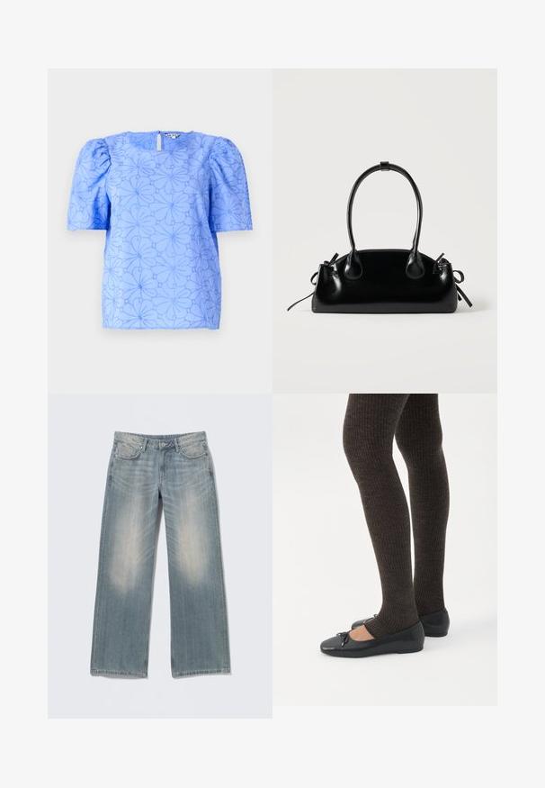 Blouse bleu clair à manches bouffantes, motif floral texturé et décolleté carré ; présente une ouverture en forme de clé à l'arrière.; Jean bleu clair à jambes larges avec une finition délavée, en denim. Comprend des passants pour ceinture, des poches avant et une braguette zippée avec fermeture par bouton.; Jambes portant des leggings côtelés foncés associés à des ballerines noires avec de petits détails en nœud sur fond blanc.; Petit sac à main noir brillant avec deux longues anses et des détails à cordon sur les côtés sur un fond clair uni.