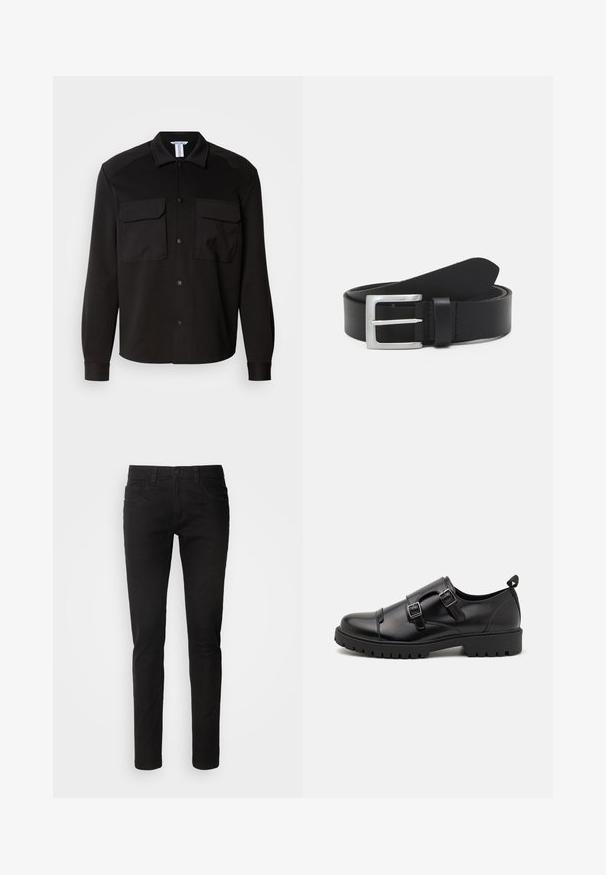 Sort skjortejakke lavet af et glat, let stof. Har to brystlommer, knaplukninger og spidse kraver. Lange ærmer med manchetter.; Sorte denimjeans med slim fit, fem lommer, lynlås og en ren, glat tekstur. Standard talje med bæltestropper.; Pier One by Zalando Business loafers - black; Sort læderbælte med en glat overflade, sølv rektangulær spænde og en løkke til enden. Har pæne stikninger langs kanterne.