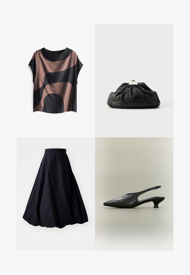 Kurzärmliges Oberteil aus glattem Stoff, mit abstrakten Schwarz- und Brauntönen, lässiger Passform und Rundhalsausschnitt.; By Malene Birger AUBREY - Maxirock - black; Schwarzer Slingback-Schuh aus Leder mit spitzer Zehenpartie und niedrigem Kitten-Heel vor neutralem Hintergrund.; Schwarze Leder-Clutch mit geraffter Textur, Metallverschluss und dezentem, auf der Vorderseite geprägtem Logo. Abgerundete Form.