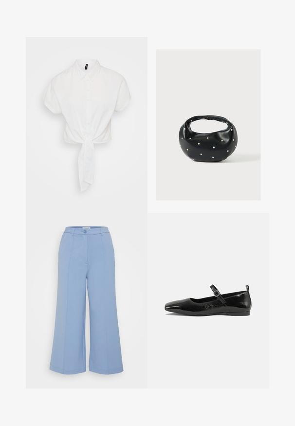 Hvid cropped skjorte med korte ærmer, knaplukning foran og en bundet knude i taljen. Fremstillet af et glat, let stof.; Even&Odd Petite by Zalando Bukser - light blue; Sorte patentlæder flade sko med spidse tæer, en ankelrem med spænde og en glat, blank tekstur. Lav hæl for komfort.; Sort læderhåndtaske med en rundet form, dekoreret med sølvnitter, og et kort håndtag. Glat tekstur og lynlåslukning.