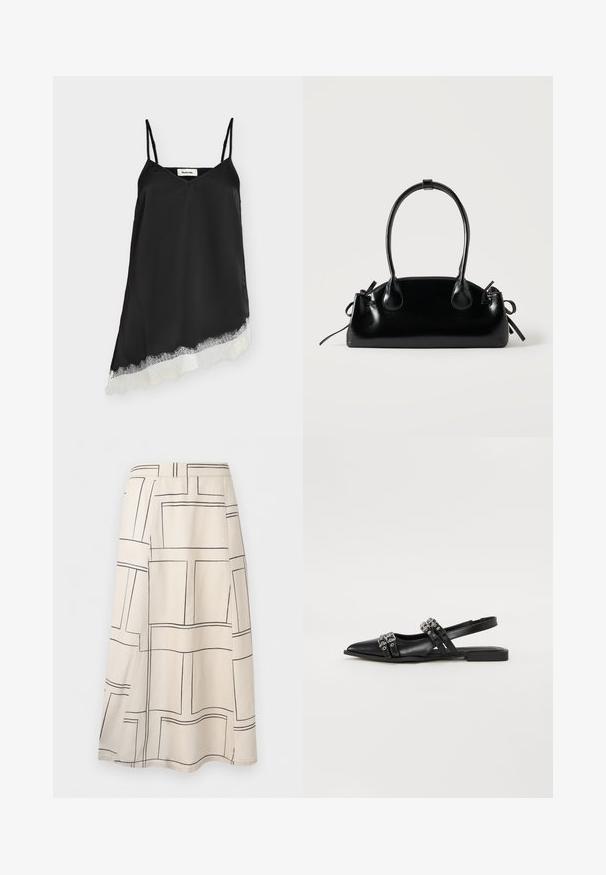 Robe en satin noire sans manches avec fines bretelles et ourlet asymétrique orné de dentelle blanche.; Jupe midi beige à motif quadrillé rectangulaire irrégulier noir, silhouette en ligne A, avec fente latérale.; Even&Odd by Zalando Ballerines à brides arrière - black; Petit sac à main noir brillant avec deux longues anses et des détails à cordon sur les côtés sur un fond clair uni.