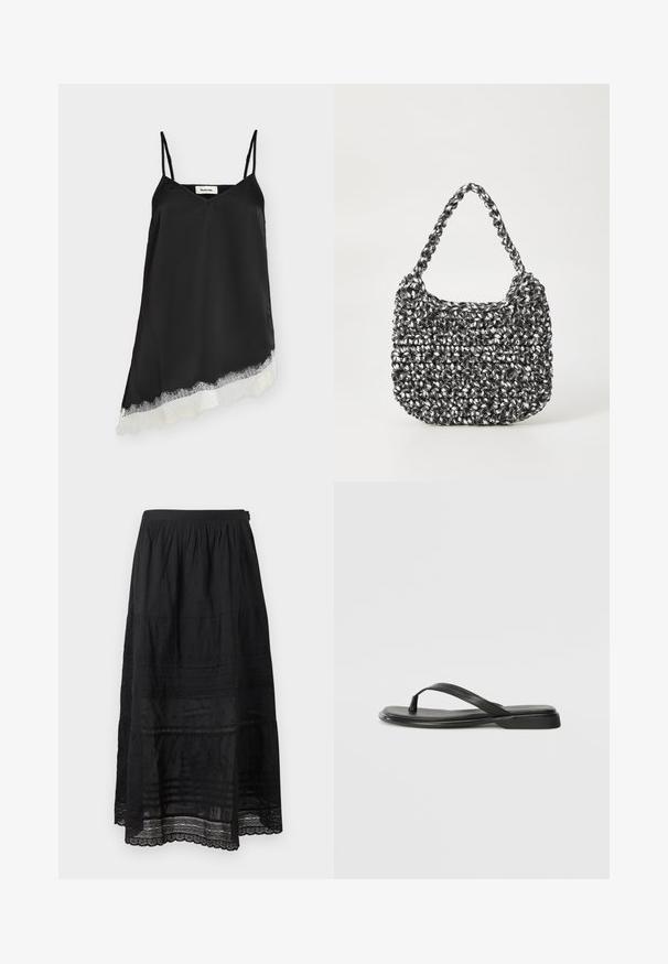 Robe en satin noire sans manches avec fines bretelles et ourlet asymétrique orné de dentelle blanche.; Jupe noire longueur cheville avec taille froncée, motifs floraux brodés, inserts horizontaux en dentelle et ourlet en dentelle festonné.; Tongs noires en cuir lisse, avec un design de sangle fine et une semelle plate à profil minimal. Aucun motif ou accent notables.; Sac en osier noir et blanc de forme arrondie, avec une surface texturée et une poignée tressée. Convient à un usage décontracté.