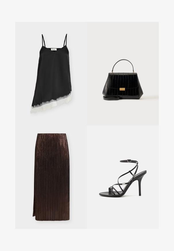 Robe en satin noire sans manches avec fines bretelles et ourlet asymétrique orné de dentelle blanche.; Jupe midi plissée métallisée brun foncé avec taille haute et fente latérale sur un fond clair uni.; Sandale noire à talons hauts avec des brides fines, une boucle à la cheville, une surface en cuir lisse et un talon aiguille élancé.; Sac à main en cuir noir avec poignée supérieure, fermoir doré et bandoulière amovible sur un fond clair uni.