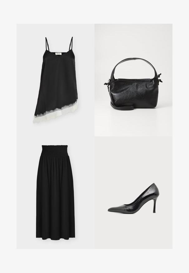 Robe en satin noire sans manches avec fines bretelles et ourlet asymétrique orné de dentelle blanche.; Jupe maxi noire avec large ceinture élastique smockée et tissu fluide sous la taille.; Chaussure à talon haut pour femme en cuir verni noir avec bout pointu et talon fin sur fond clair uni.; Sac à main en cuir noir au design structuré, avec une poignée arrondie et une bandoulière amovible. Présente une texture lisse et un éclat subtil.