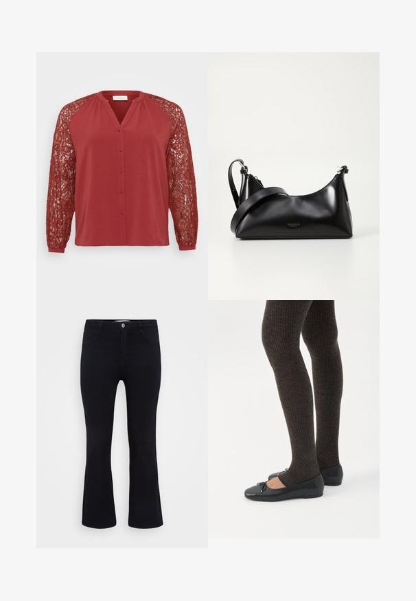 Punane pluus, millel on ees nuppude rida, ja pikad pitskäised. Materjal on tekstureeritud ning käistel on peened pitsimustrid.; ONLY Carmakoma Flared fit CARTHUNDER Mid waist - Alt laienevad teksad - black denim; Jalad seljas tumedad soonelises soonelises kombines mustade baleriinadega, millel on väikesed paelade detailid valgel taustal.; Mustmust nahkaga kott sileda tekstuuriga. Omab reguleeritavat rihma ja sujuvat, minimalistlikku disaini, millel on lukuga sulgemine.