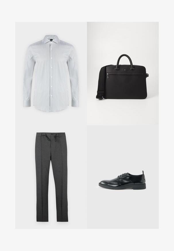 Chemise blanche avec fines rayures verticales noires, manches longues, fermeture boutonnée devant et col pointu.; Pantalon gris foncé à jambes droites avec plis à l'avant, fermeture par bouton, et cordons de serrage noirs à la taille sur fond blanc.; Chaussure habillée en cuir noir brillant avec un petit talon, fermeture à lacets et bout rond, vue de côté sur un fond uni et clair.; Sac en cuir noir avec une texture lisse, deux poignées supérieures et une bandoulière amovible. Il dispose d'une poche avant zippée et de détails de logo.