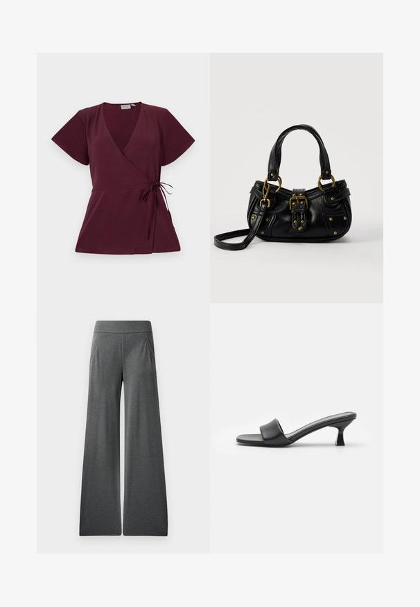 Burgundy indpakningsbluse med korte ærmer, V-udskæring, bindebånd i taljen og struktureret stof. Enkel og alsidig design.; Grå vide bukser med flad talje, folder foran og en glat tekstur, designet til komfort og bevægelsesfrihed.; Sorte hæle mules med en glat, mat læderoverdel, åben tå, bred rem over vristen og slank, firkantet hæl.; Sort læderhåndtaske med guldbælge og nitdetaljer, korte håndtag og en justerbar skulderrem på en ensfarvet hvid baggrund.