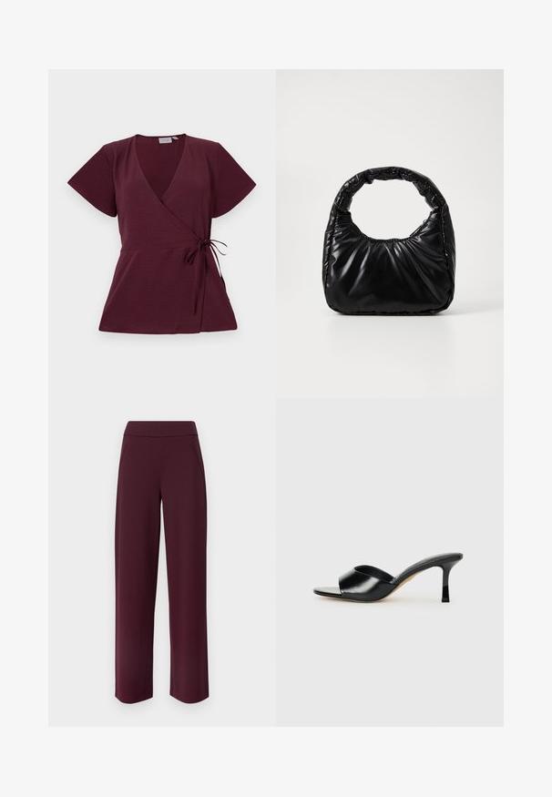 Burgundy indpakningsbluse med korte ærmer, V-udskæring, bindebånd i taljen og struktureret stof. Enkel og alsidig design.; JDY JDYLOUISVILLE CATIA LIFE - Bukser - wine tasting; Sorte læder højhælede mules med open-toe design og en bred, buet overdel. Glat tekstur og slank silhuet.; Sort polstret håndtaske med et rundt håndtag, der har en glat, skinnende overflade og en blød, kviltet tekstur. Ingen synlige hardware eller accenter.