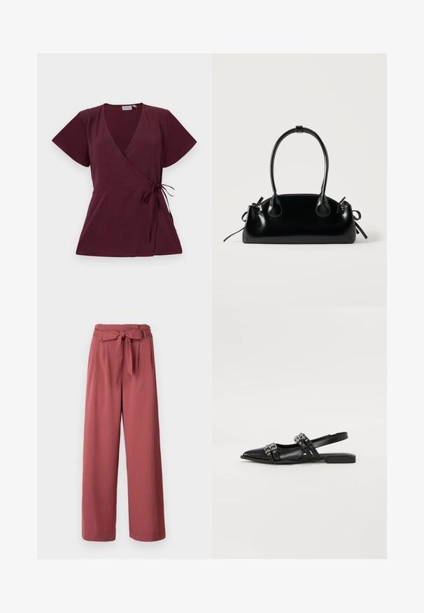 Burgundy indpakningsbluse med korte ærmer, V-udskæring, bindebånd i taljen og struktureret stof. Enkel og alsidig design.; Bredde bukser i en støvet rosefarve, lavet af et blødt stof, med et bundet bælte i taljen og sidelommer.; Even&Odd by Zalando Slingback-ballerinasko - black; Lille sort blank håndtaske med to lange håndtag og snøre-detaljer i siden på en ensfarvet lys baggrund.