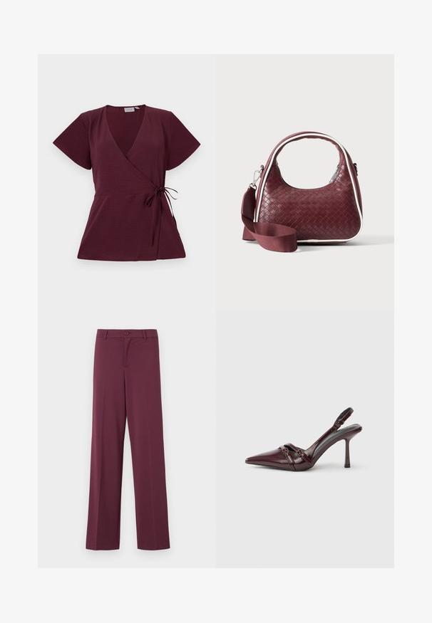 Burgundy indpakningsbluse med korte ærmer, V-udskæring, bindebånd i taljen og struktureret stof. Enkel og alsidig design.; Mørkerøde bukser med bred benvidde, lavet af glat stof. Har en knaplukning og klassiske lommer. Enkel design uden mønstre eller detaljer.; Bourgogne laklæder slingback-hæl med spids tå, tynd ankelrem og lille dekorativ spænde. Glat tekstur og høj hæl.; Mørkerød vævet lædertaske med buet hank, hvid kant, sølv lynlås og aftagelig bred stofskulderrem mod en ensfarvet baggrund.