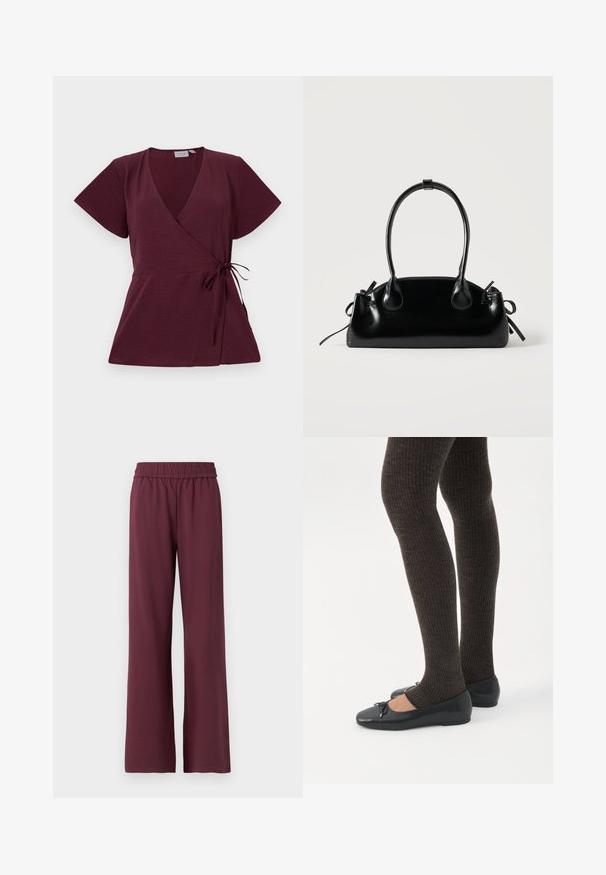 Burgundy indpakningsbluse med korte ærmer, V-udskæring, bindebånd i taljen og struktureret stof. Enkel og alsidig design.; Bordeaux brede bukser med elastisk talje, lavet af blødt stof, med en glat overflade og en afslappet pasform.; Ben iført mørke ribbede leggings kombineret med sorte balletsko med små sløjfedetaljer på hvid baggrund.; Lille sort blank håndtaske med to lange håndtag og snøre-detaljer i siden på en ensfarvet lys baggrund.