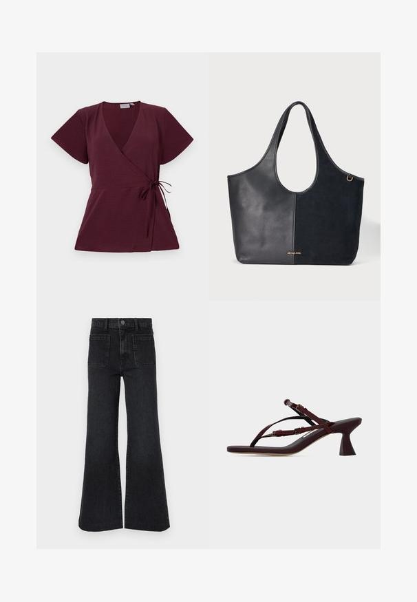 Burgundy indpakningsbluse med korte ærmer, V-udskæring, bindebånd i taljen og struktureret stof. Enkel og alsidig design.; Sorte højtaljede jeans med vidde, bæltestropper, forreste knap, lynlås og to store forlommer på hvid baggrund.; Mørkerød sandal med hæl, stropper og justerbare spænder samt en udvidet mellemhøj hæl på en flad overflade.; Sort tote-taske med tekstureret læder på den ene side og glat ruskind på den anden, med rundt håndtag og lille gyldent mærkelogo.