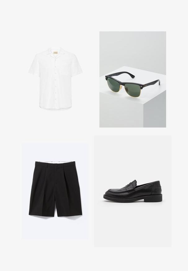 Chemise blanche à manches courtes en lin. Elle présente un devant à boutons, un col simple et une seule poche plaquée sur la poitrine gauche.; Shorts noirs sur mesure longueur genou avec passants de ceinture, poches latérales, fermeture par boutons et plis devant, posés à plat sur fond blanc.; Mocassins en cuir noir avec un bout arrondi, des coutures ton sur ton et un détail de sangle à l'avant. Semelle en caoutchouc avec un petit talon.; Lunettes de soleil Ray-Ban avec des verres verts, monture en plastique noir et accents dorés sur les bords. Forme carrée avec une finition mate.