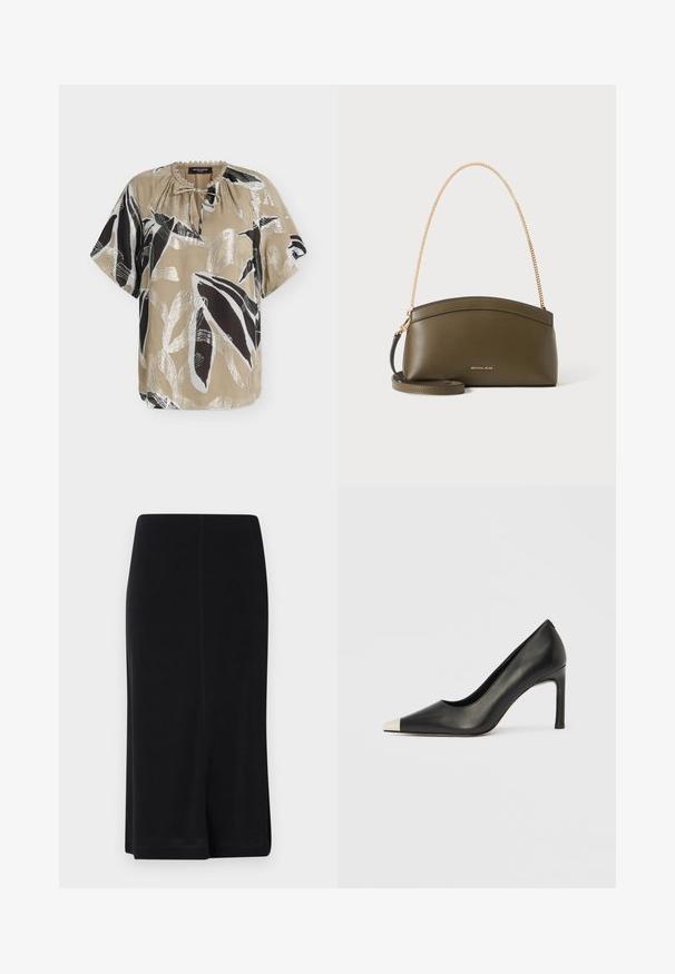 Blouse beige à manches courtes avec un imprimé floral abstrait noir et blanc et un petit nœud devant au col rond.; Jupe noire longueur genou en tissu lisse, dotée d'une silhouette droite, d'un design simple et de fentes latérales pour faciliter les mouvements.; Chaussure à talon haut en cuir noir avec bout pointu et capuchon argenté métallique. Présente une finition lisse et un talon fin de 10 cm.; Sac à main Michael Kors vert olive avec bandoulière en chaîne dorée, dessus courbé et petit logo doré sur le devant, présenté sur fond blanc.