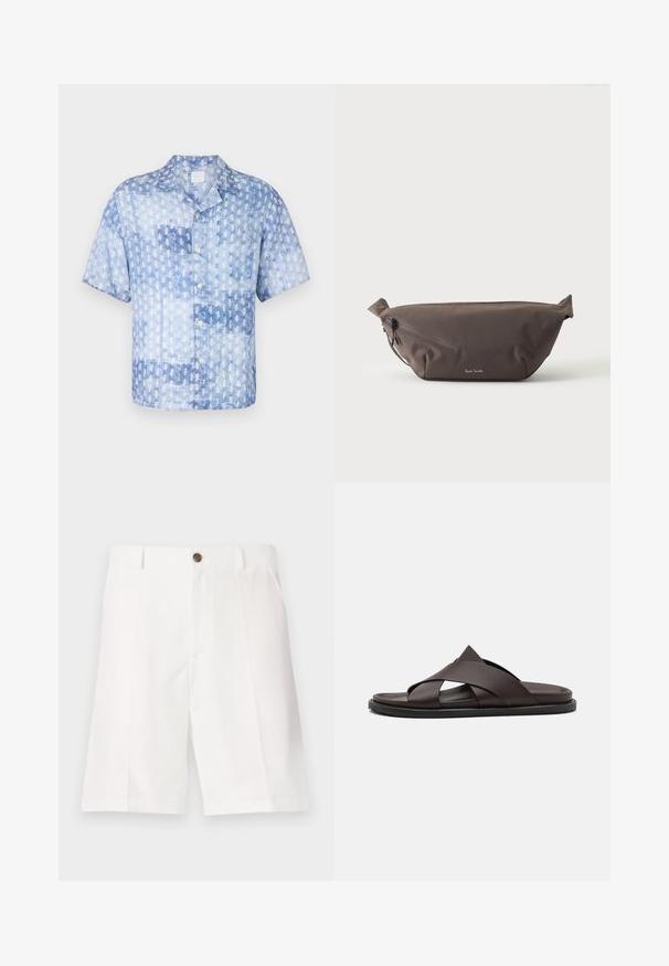 120% Lino SHORT SLEEVE REGULAR FIT MEN SHIRT - Hemd - washed blue; Weiße Bermuda-Shorts aus leichtem Stoff mit lockerer Passform, ausgestattet mit einem braunen Knopf und vorderen Taschen.; Stuart Weitzman BERKLEY - Pantolette flach - espresso; Dunkelbraune Stoff-Gürteltasche mit diagonalem Reißverschlussfach und kleinem weißen Logo vorne, vor einem einfarbigen hellen Hintergrund.