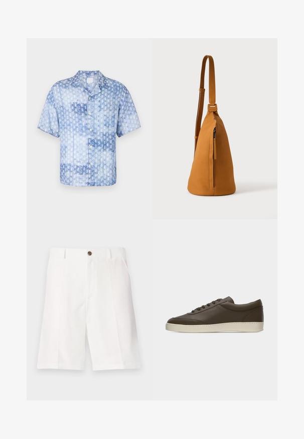 120% Lino SHORT SLEEVE REGULAR FIT MEN SHIRT - Hemd - washed blue; Weiße Bermuda-Shorts aus leichtem Stoff mit lockerer Passform, ausgestattet mit einem braunen Knopf und vorderen Taschen.; Dunkelbrauner Sneaker aus Leder mit niedrigem Schaft, Schnürung an der Vorderseite und kremfarbenem Gummisohlenrand, von der Außenseite auf weißem Hintergrund gezeigt.; Hellbraune Leder-Umhängetasche mit verstellbarem Trageriemen und vertikaler Reißverschlusstasche, von der Seite vor hellem, einfarbigem Hintergrund gezeigt.