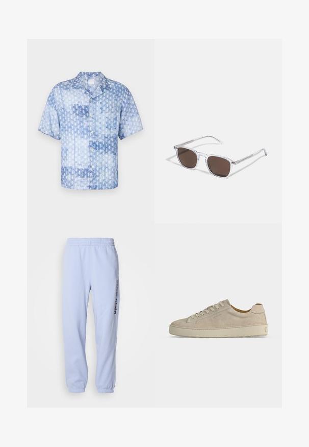 120% Lino SHORT SLEEVE REGULAR FIT MEN SHIRT - Košeľa - washed blue; Svetlo modré tepláky vyrobené z mäkkej látky, s elastickým pásom, rebrovanými manžetami a tmavomodrým logom potlačeným na boku.; Béžová semišová nízka teniska so zaväzovaním na šnúrky a hrubou gumovou podrážkou, zobrazená z boku na bielom pozadí.; Priesvitné plastové slnečné okuliare s obdlžníkovými hnedými šošovkami, s tenkými priesvitnými rámami a kovovými akcentmi na spánkoch.